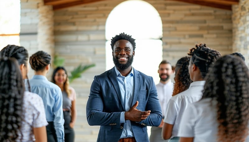 A confident leader guiding a team in a faith-inspired organization.